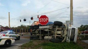 overturned truck at turnpike