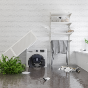 flooded room with washing machine and shelving